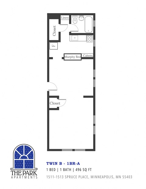 Floor plan for 1 bed, 1 bath, 496 sqft